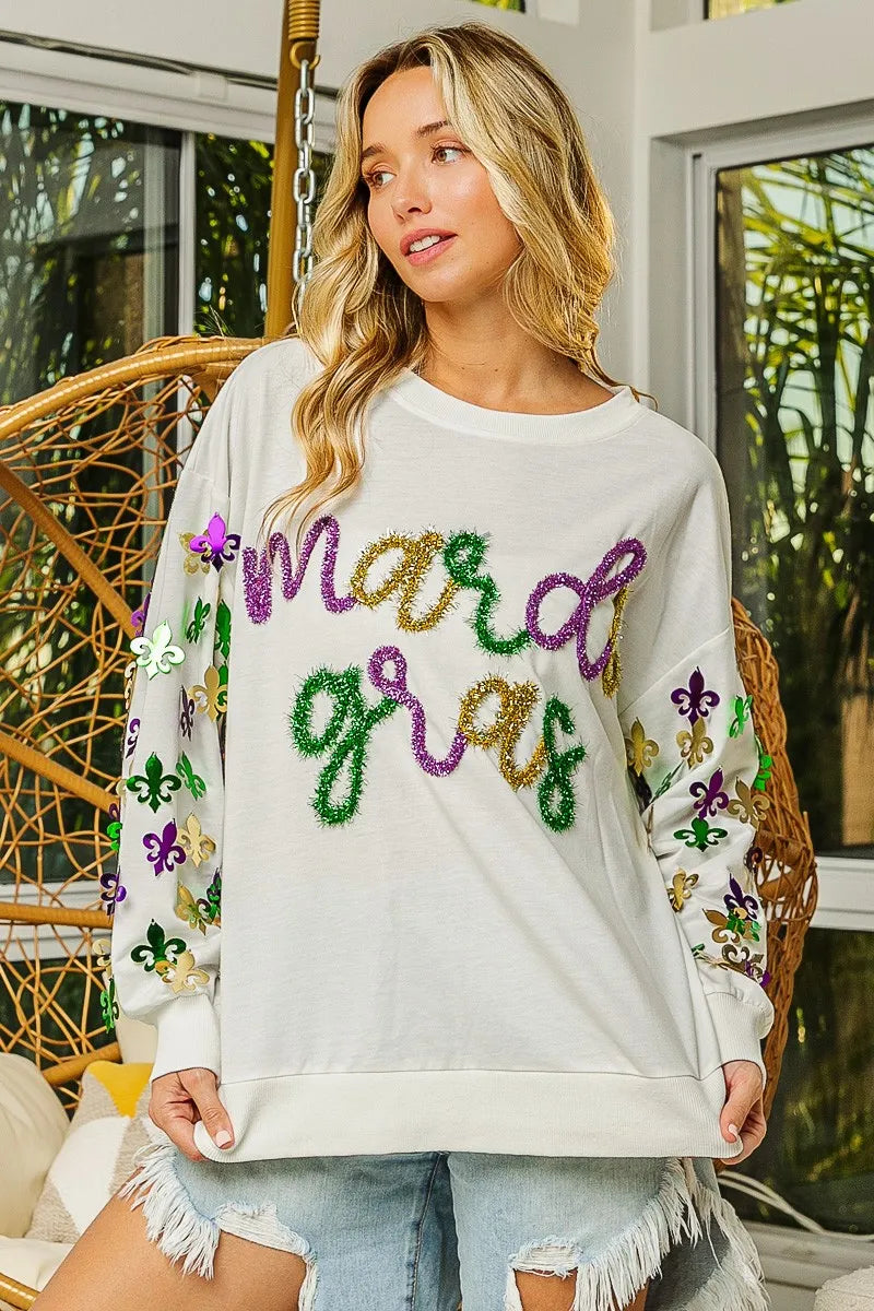 BiBi Fleur De Lis Sleeve Mardi Gras Pullover FitiqueFit