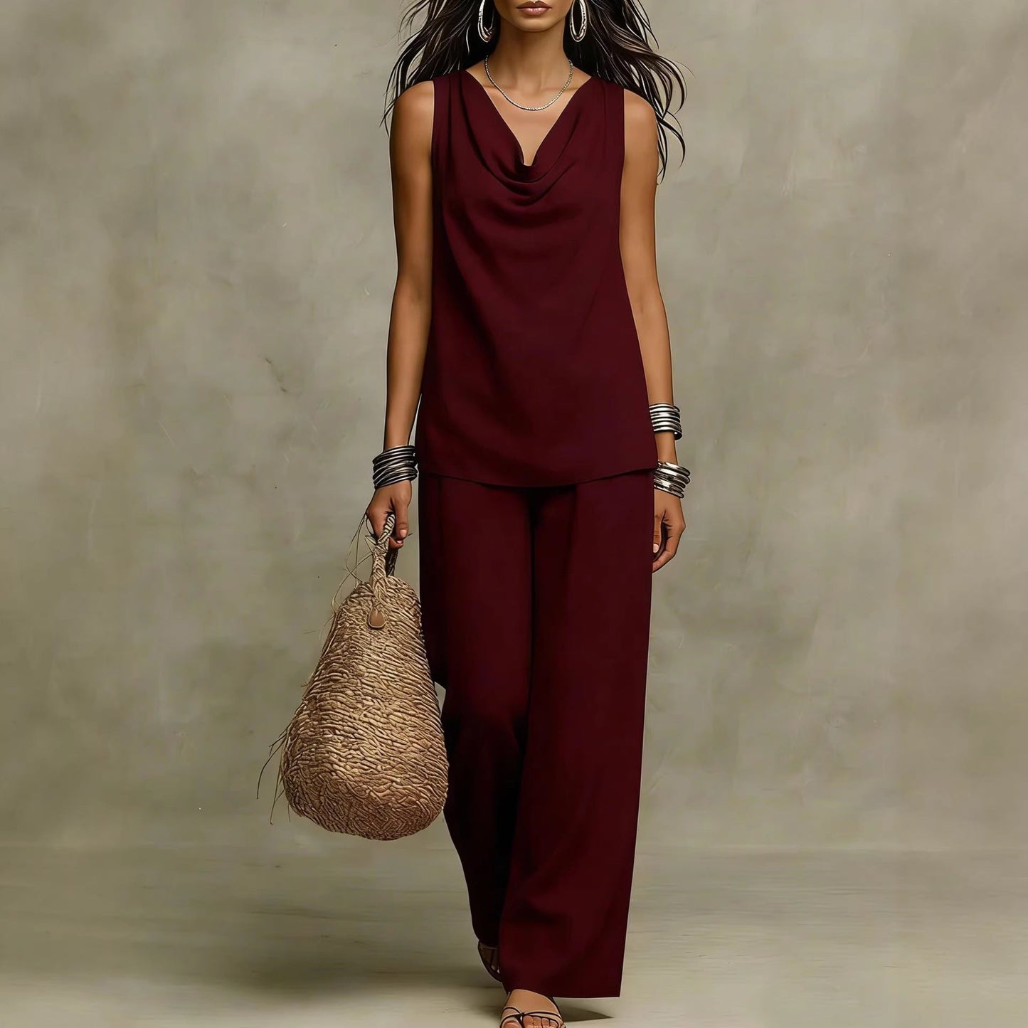Women's Slash-Neck Sleeveless Tank Top & Casual Pants Set FitiqueFit