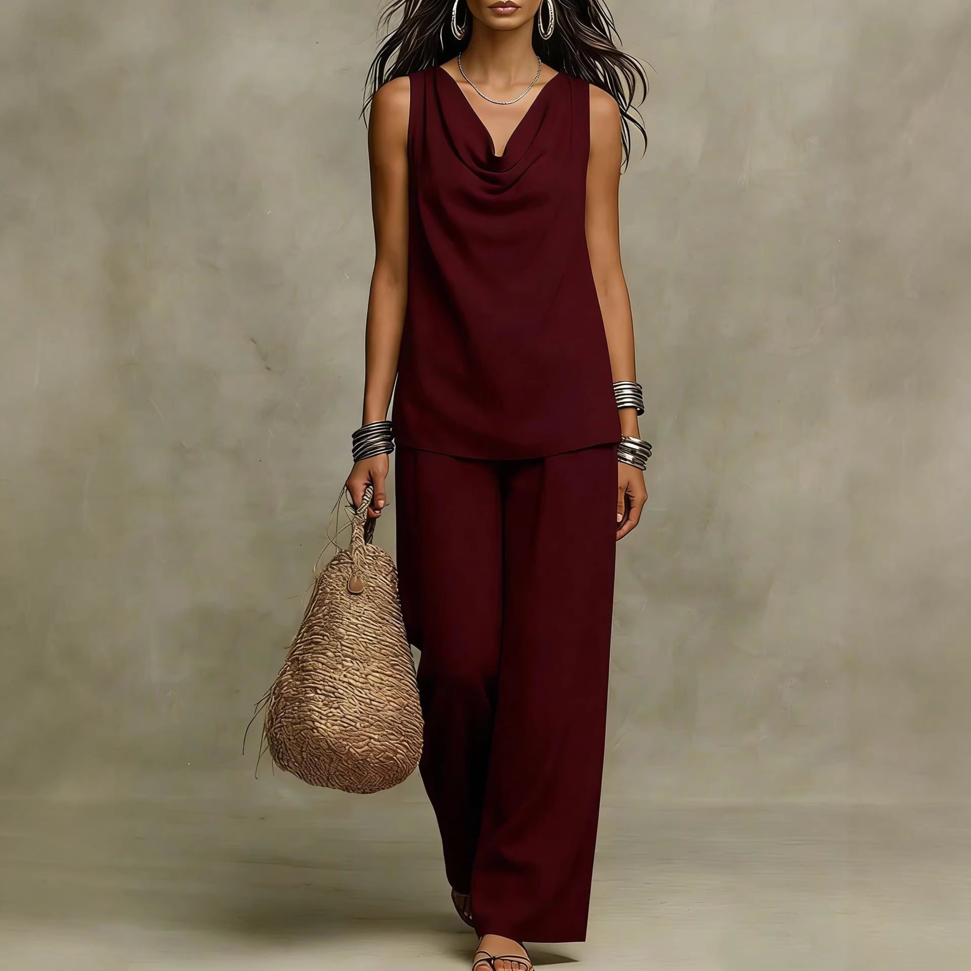 Women's Slash-Neck Sleeveless Tank Top & Casual Pants Set FitiqueFit
