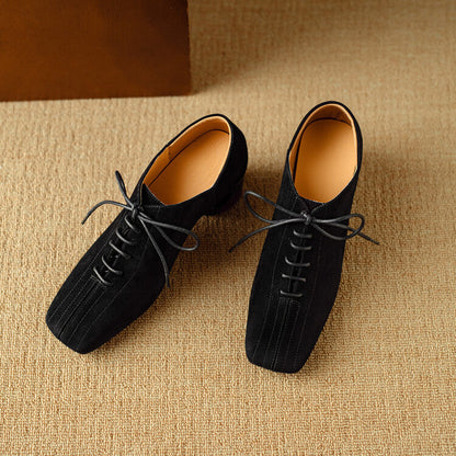 Women's Retro Sheepskin Square Toe Chunky Heel Pumps – Lace-Up Mid Heel FitiqueFit