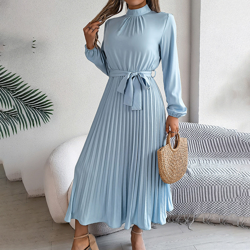 Elegant High Neck Long Sleeve Pleated Maxi Dress - Solid Color Flowy Dress For Women, Casual To Formal Wear Grayceful LLC