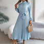 Elegant High Neck Long Sleeve Pleated Maxi Dress - Solid Color Flowy Dress For Women, Casual To Formal Wear Grayceful LLC
