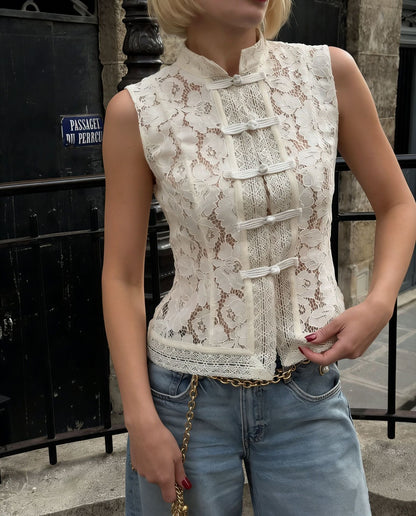 Lace Crochet Stand Collar Slim-Fit Sleeveless Top – 3 Colors, S–L FitiqueFit