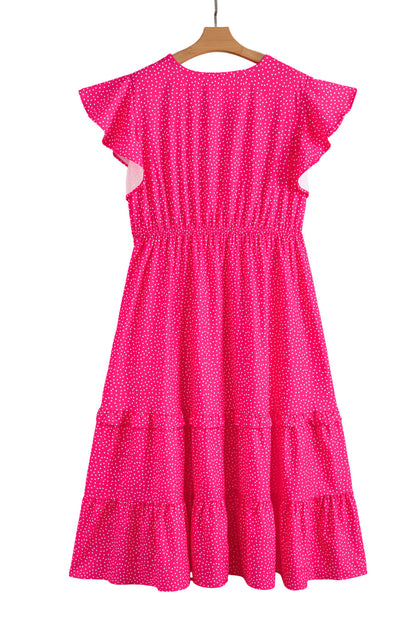 Rose Polka Dot Print Ruffled Smocked High Waist Plus Midi Dress Garden Naked Curves