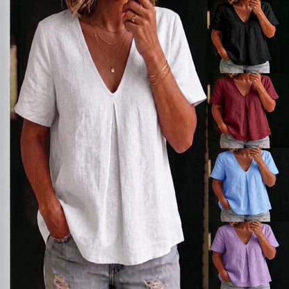 Women's Pleated Cotton-Linen Short-Sleeve Shirt – 5 Colors S–XXL FitiqueFit