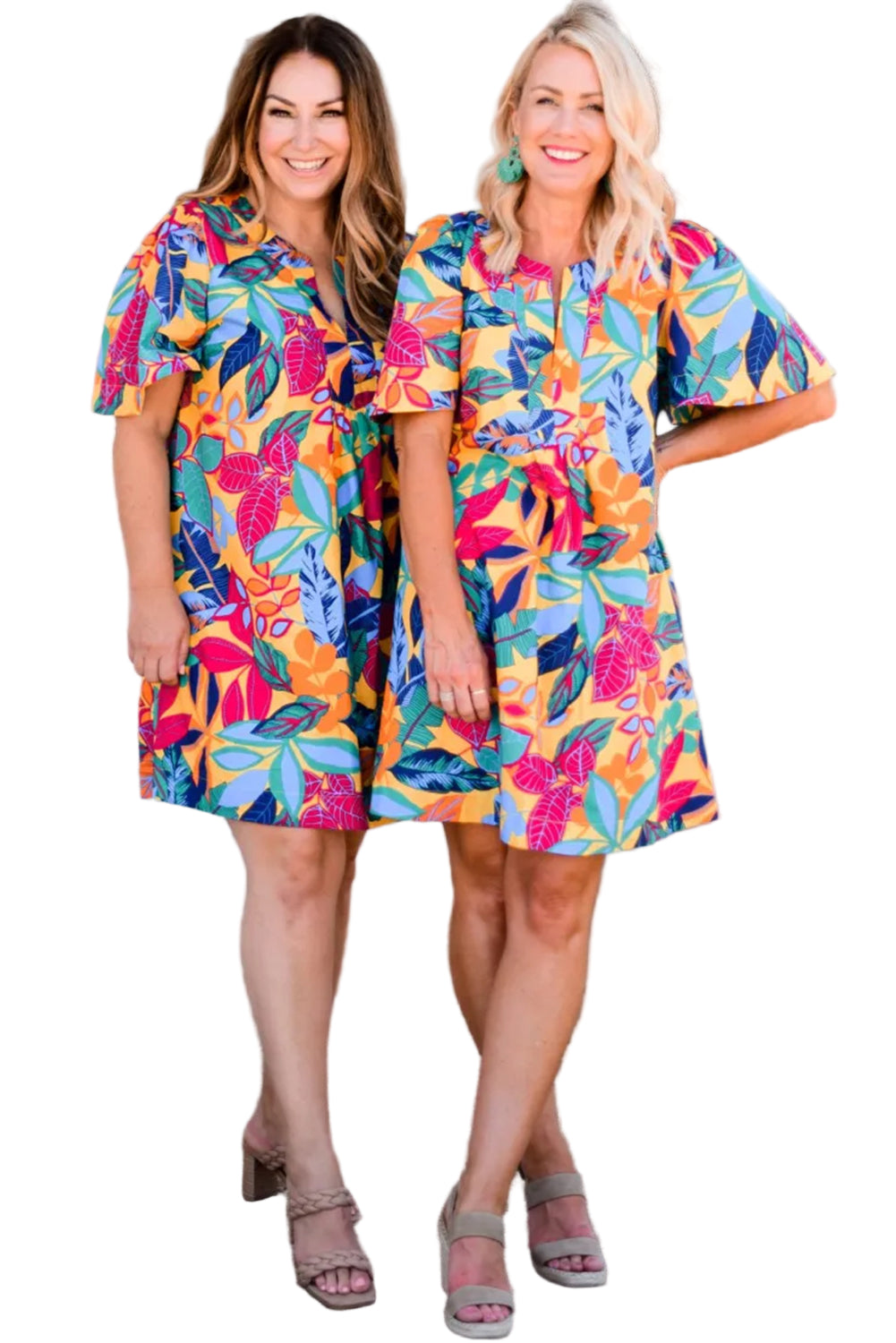 Multicolour Plus Size Leafy Print Split Neck Short Sleeve Shift Dress Garden Naked Curves