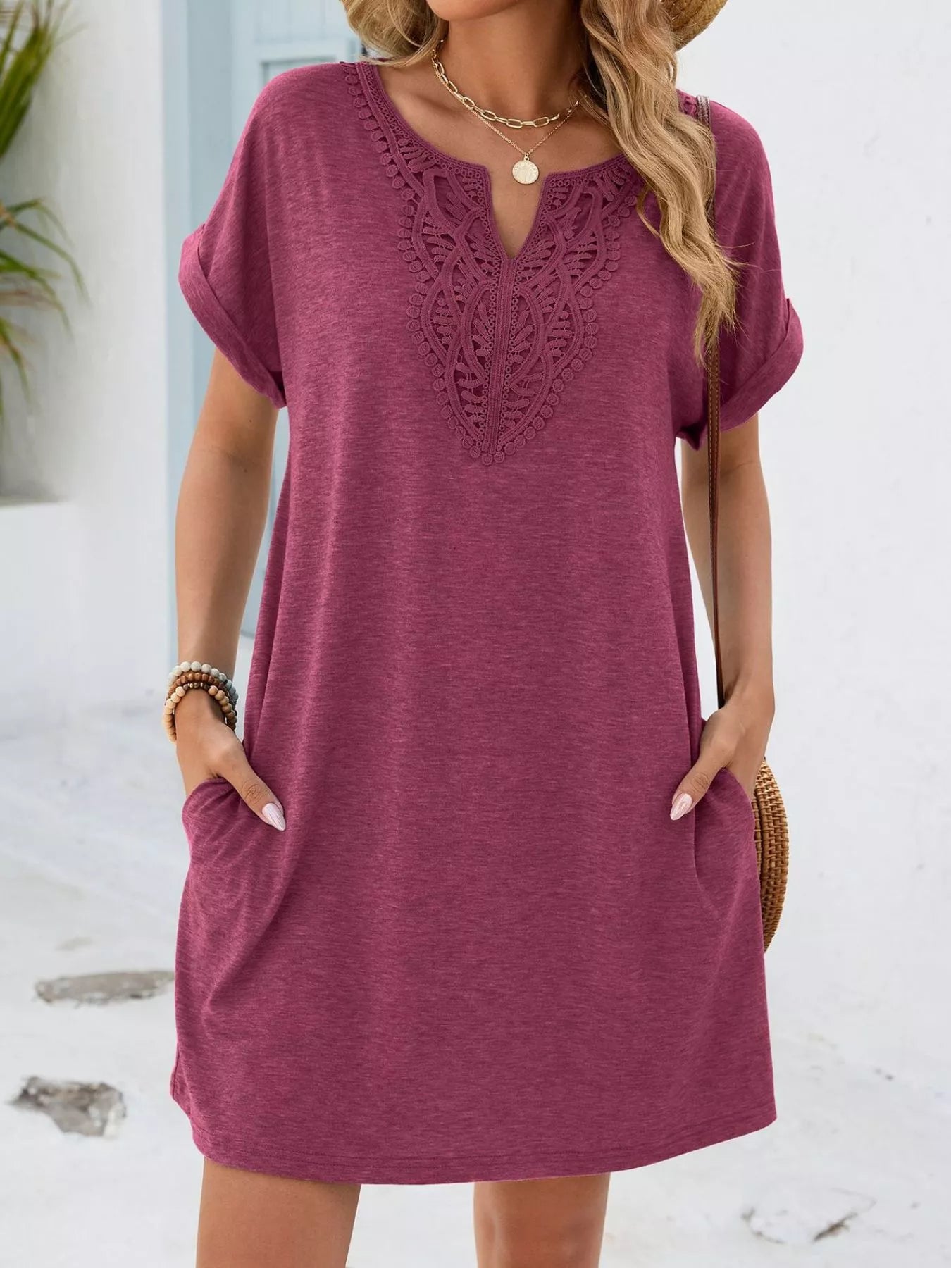 Lace Trim Notched Short Sleeve Dress New Era Fashion LLc