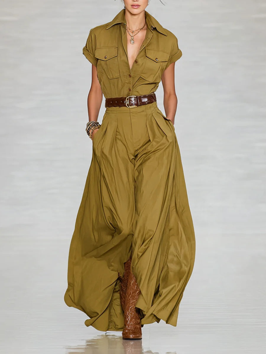 Women's Short-Sleeve Shirt Maxi Dress With Pockets – A-Line Stand Collar FitiqueFit