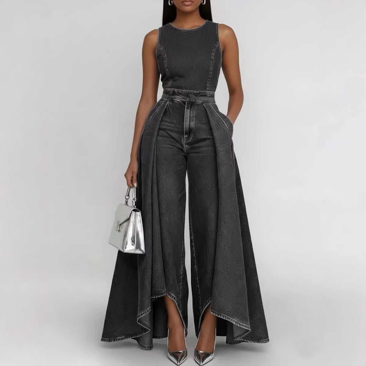 Women’s Crew Neck Sleeveless Wide-Leg Denim Jumpsuit FitiqueFit