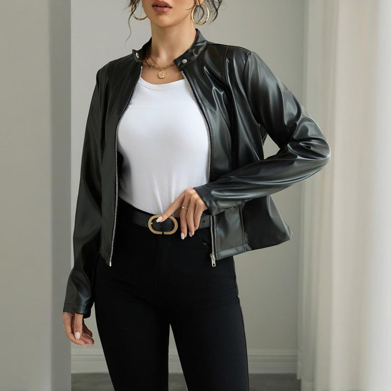 Women's Solid Color Long Sleeve Stand Collar Faux Leather Blazer FitiqueFit