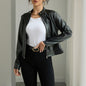 Women's Solid Color Long Sleeve Stand Collar Faux Leather Blazer FitiqueFit