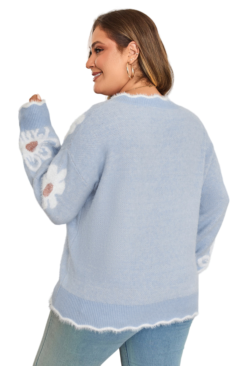 Gray Fuzzy Flower Scalloped V Neck Plus Sweater Garden Naked Curves