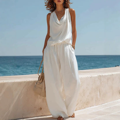 Women's Sleeveless Boat Neck Top & Wide-Leg Pants Two-Piece Set FitiqueFit