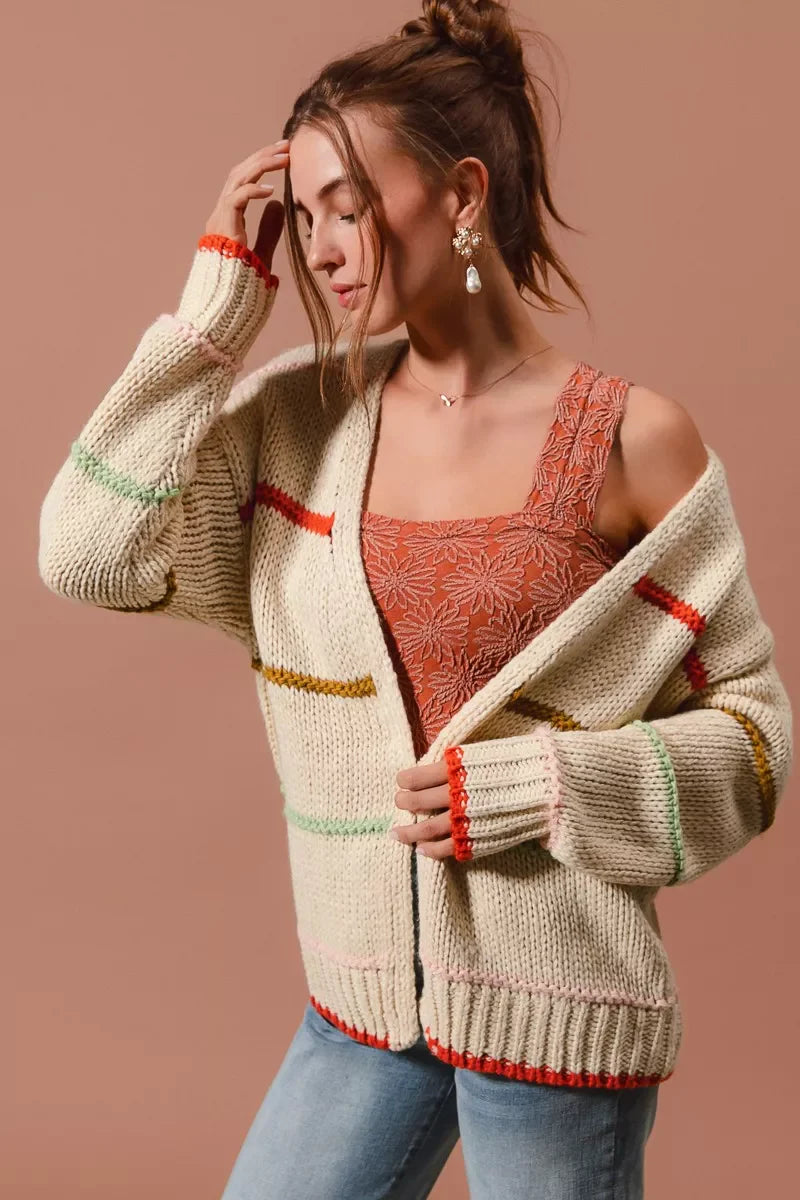 SO ME Loose Fit Multi Stripe Open Front Cardigan FitiqueFit