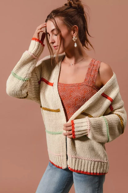 SO ME Loose Fit Multi Stripe Open Front Cardigan FitiqueFit