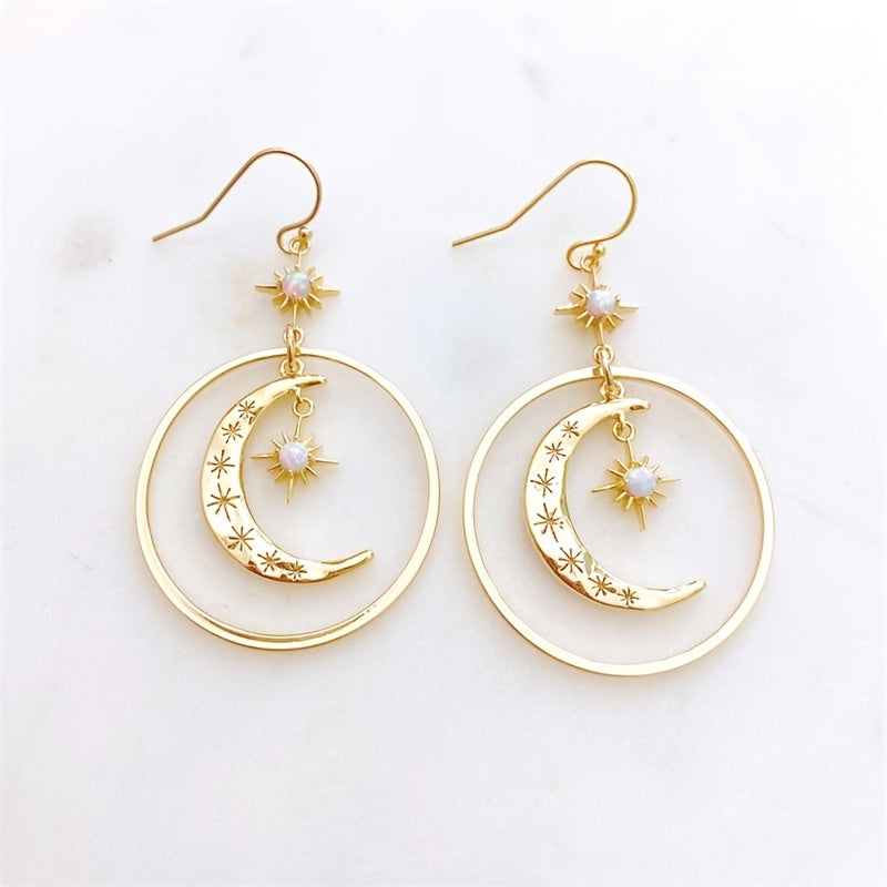 Elegant Boho-Chic Golden-Tone Moonstone Dangle Earrings for Women - Crescent Moon with Star Motifs, Zinc Alloy, Perfect for Daily Wear & Parties, Moon Earrings NovaCart
