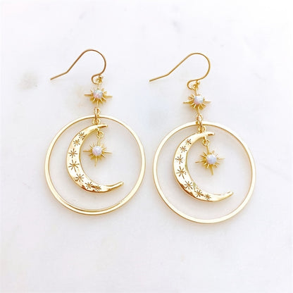 Elegant Boho-Chic Golden-Tone Moonstone Dangle Earrings for Women - Crescent Moon with Star Motifs, Zinc Alloy, Perfect for Daily Wear & Parties, Moon Earrings NovaCart