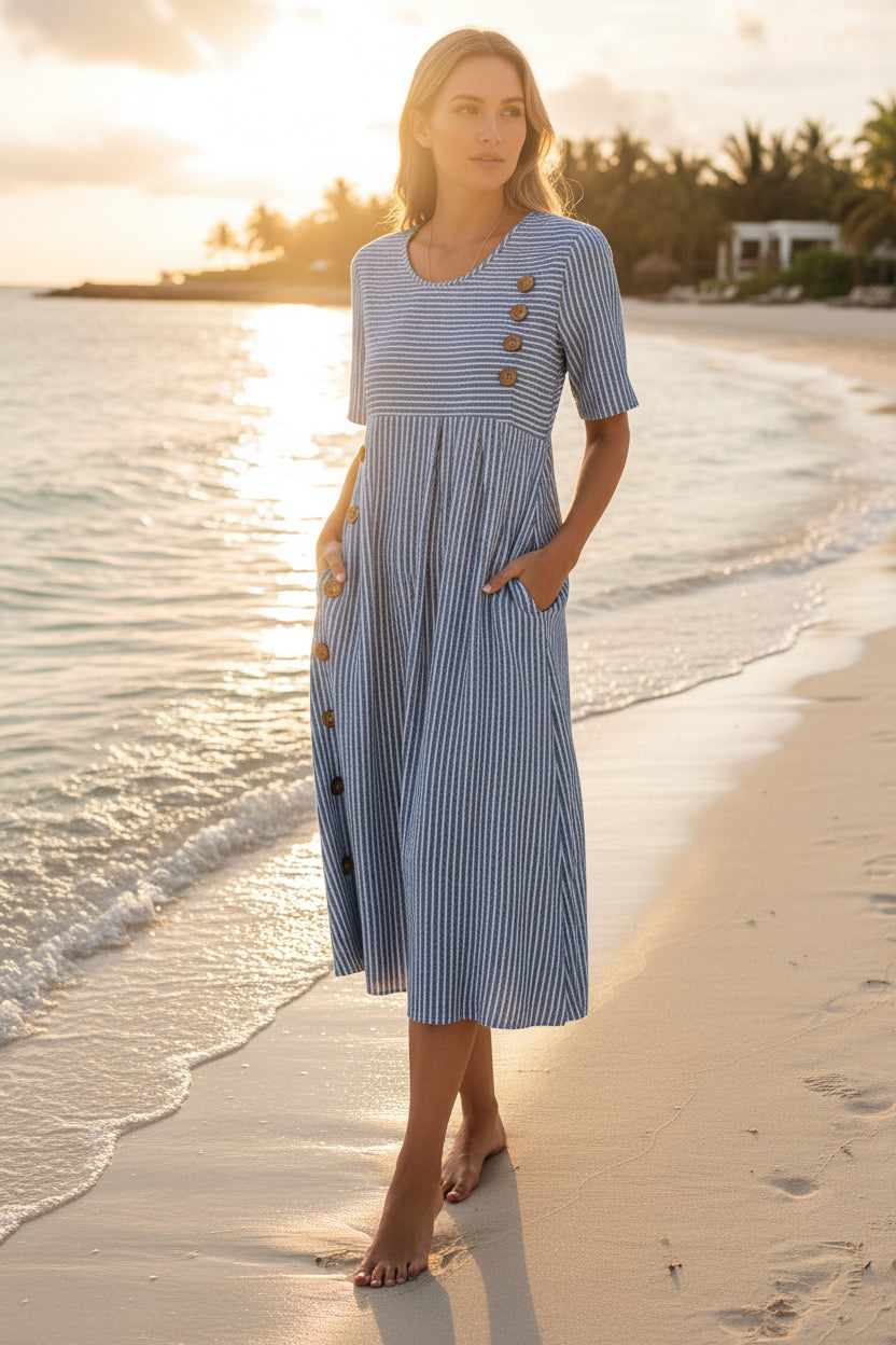 Button-Down Swing Maxi Dress – Short Sleeve Pocket Pullover Long Dress FitiqueFit
