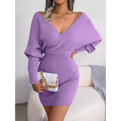Cross V-Neck Bat-Sleeve Hairy Dress – Autumn/Winter FitiqueFit
