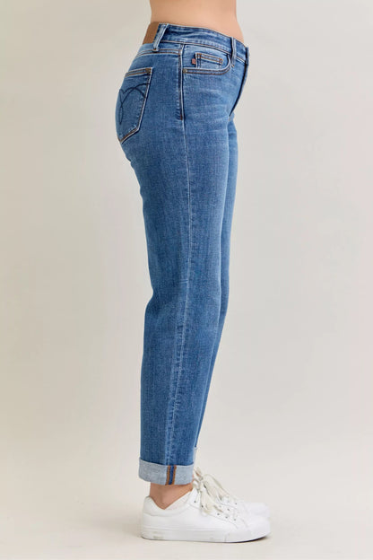 Judy Blue Full Size Mid Rise BF Classic Cuffed Jeans Plus Size Garden Naked Curves