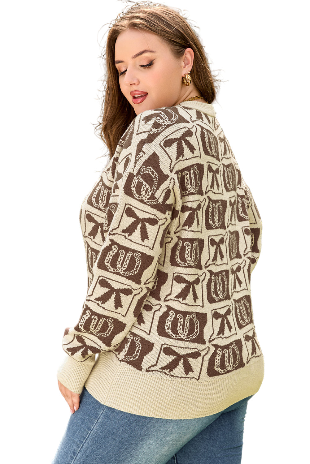 Brown Bow Horseshoe Print Checkered Plus Size Sweater Garden Naked Curves