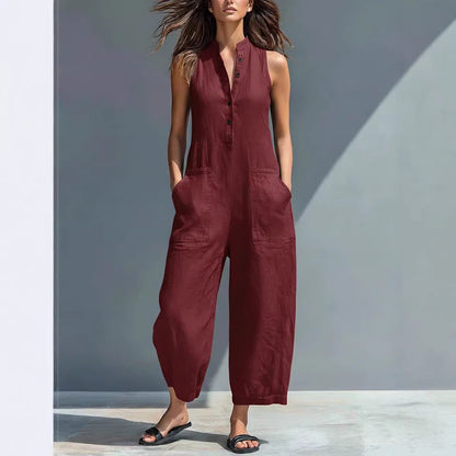 Casual Women’s Buttoned Stand Collar Sleeveless Loose Jumpsuit FitiqueFit