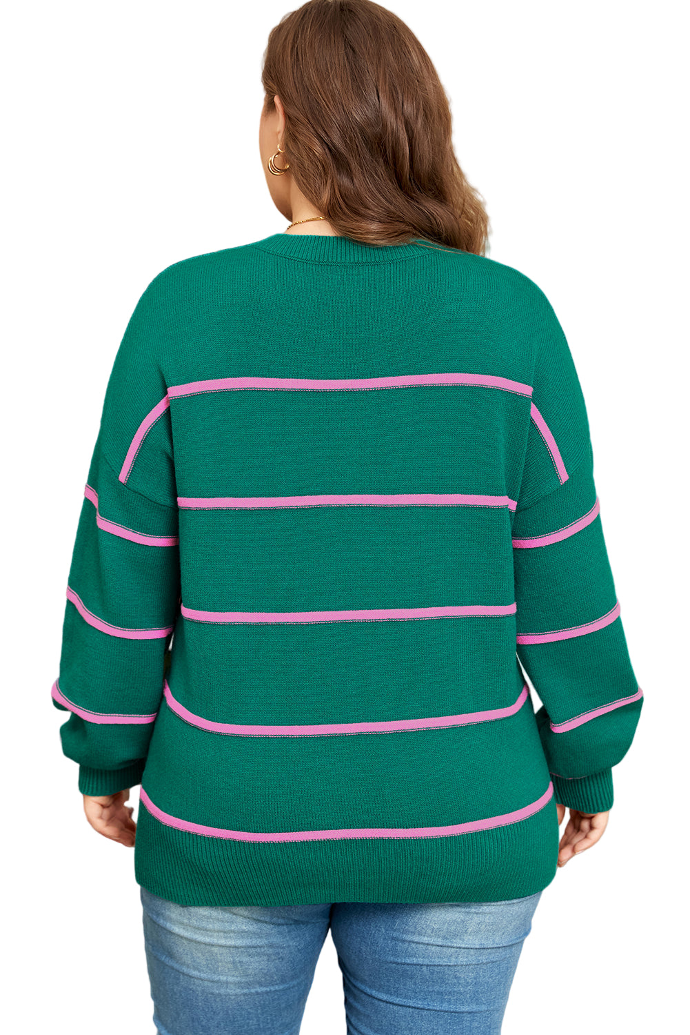 Green Stripe Half Buttons Drop Shoulder Plus Size Sweater Garden Naked Curves