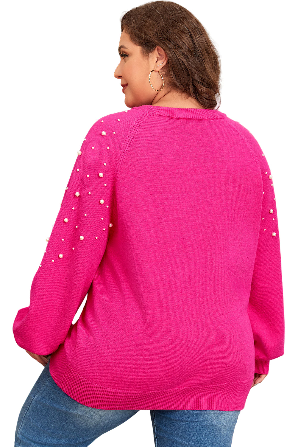 Strawberry Pink Pearled Decor Raglan Sleeve Plus Size Sweater Garden Naked Curves