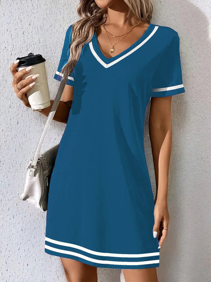 Women's Contrast-Color V-Neck A-Line Dress – Short Sleeve, Elegant, Mid-Rise FitiqueFit
