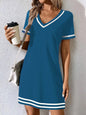 Women's Contrast-Color V-Neck A-Line Dress – Short Sleeve, Elegant, Mid-Rise FitiqueFit