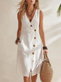Women's Resort V-Neck Sleeveless Asymmetrical-Button Midi Dress FitiqueFit