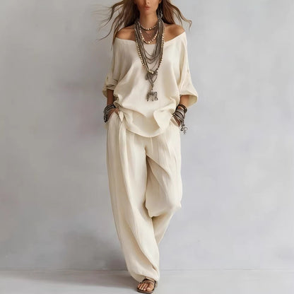 Chiffon Puff-Sleeve Top & Wide-Leg Pants Set – 15 Colors FitiqueFit