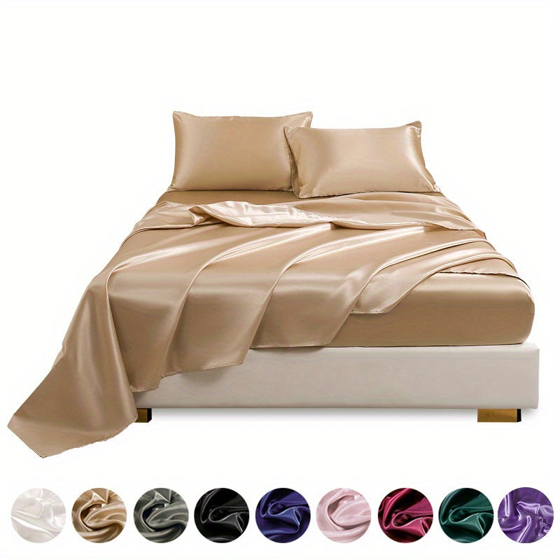 4pcs Satin Bed Sheet Four-Piece Set Includes One Fitted Sheet, One Flat Sheet, And Two Pillowcases. Pillowcases Do Not Include Inserts. Solid Colors Showcase Simple Elegance. The Simple Style Is Classic And Timeless. Polyeste NovaCart