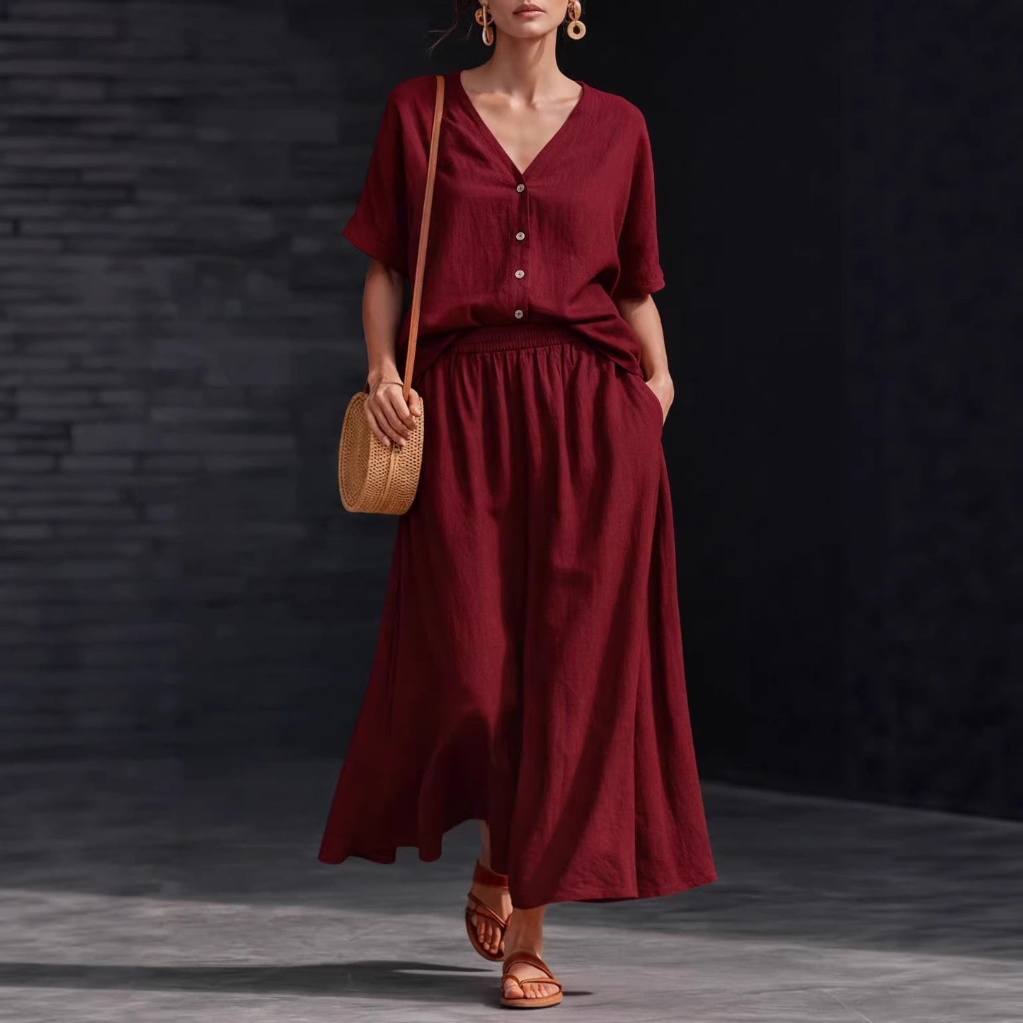 Women's Cotton-Linen V-Neck Button-Up Top & Long Skirt Set FitiqueFit