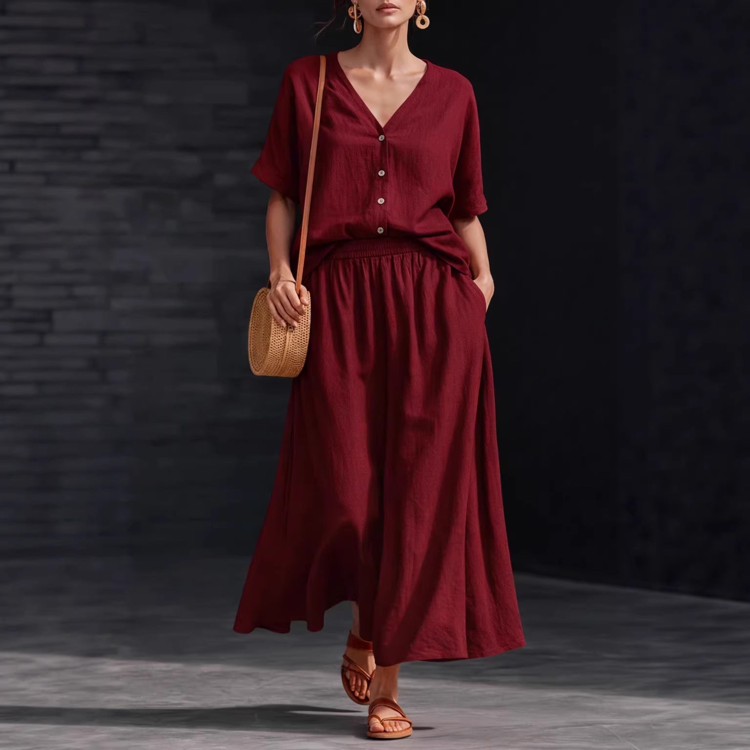 Women's Cotton-Linen V-Neck Button-Up Top & Long Skirt Set FitiqueFit