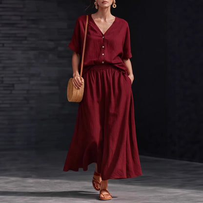 Women's Cotton-Linen V-Neck Button-Up Top & Long Skirt Set FitiqueFit