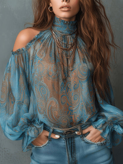 Women's Retro Cashew Print Off-Shoulder Blouse with Lantern Sleeves FitiqueFit