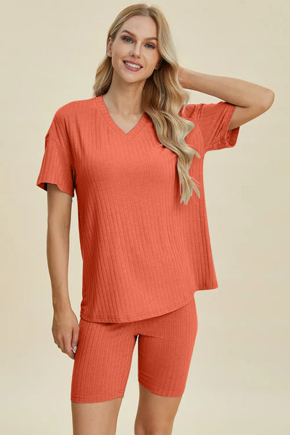Basic Bae Full Size Ribbed V-Neck Short Sleeve Top and Shorts Set New Era Fashion LLc