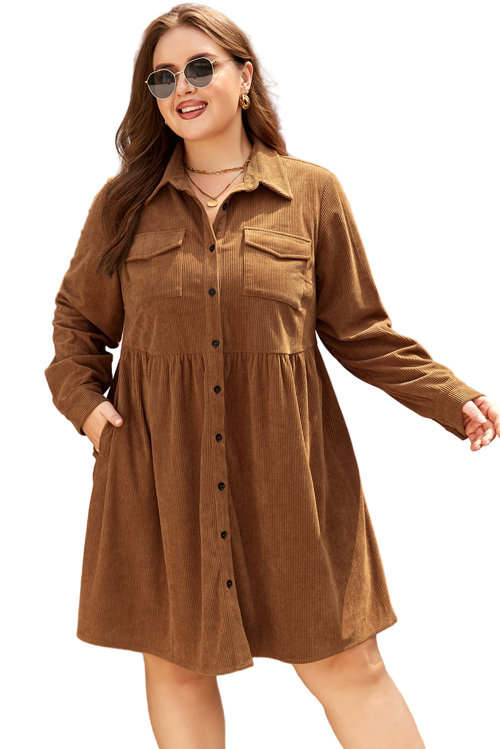 Camel Corduroy Full Buttoned Collared Shirt Style Plus Size Dress Garden Naked Curves