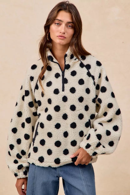 BiBi Polka Dot Sherpa Half Zip Up Top with Side Pocket FitiqueFit