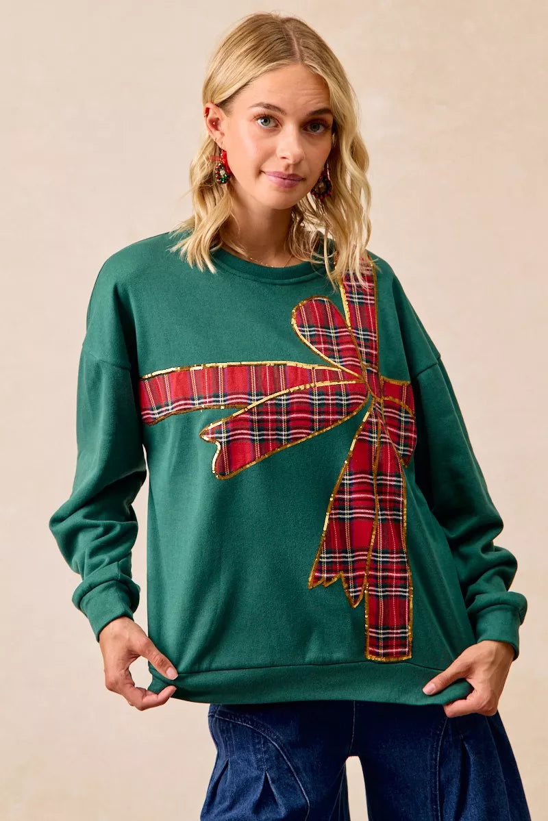 BiBi Plaid Ribbon Bow Detail Christmas Fleece Pullover FitiqueFit