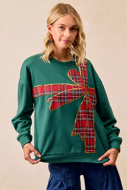 BiBi Plaid Ribbon Bow Detail Christmas Fleece Pullover FitiqueFit