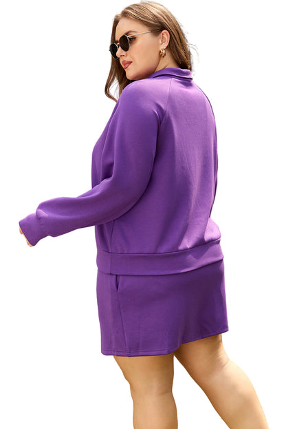 Wisteria Collar Half Zip Pullover Mini Skirt Plus Size 2pcs Set Garden Naked Curves