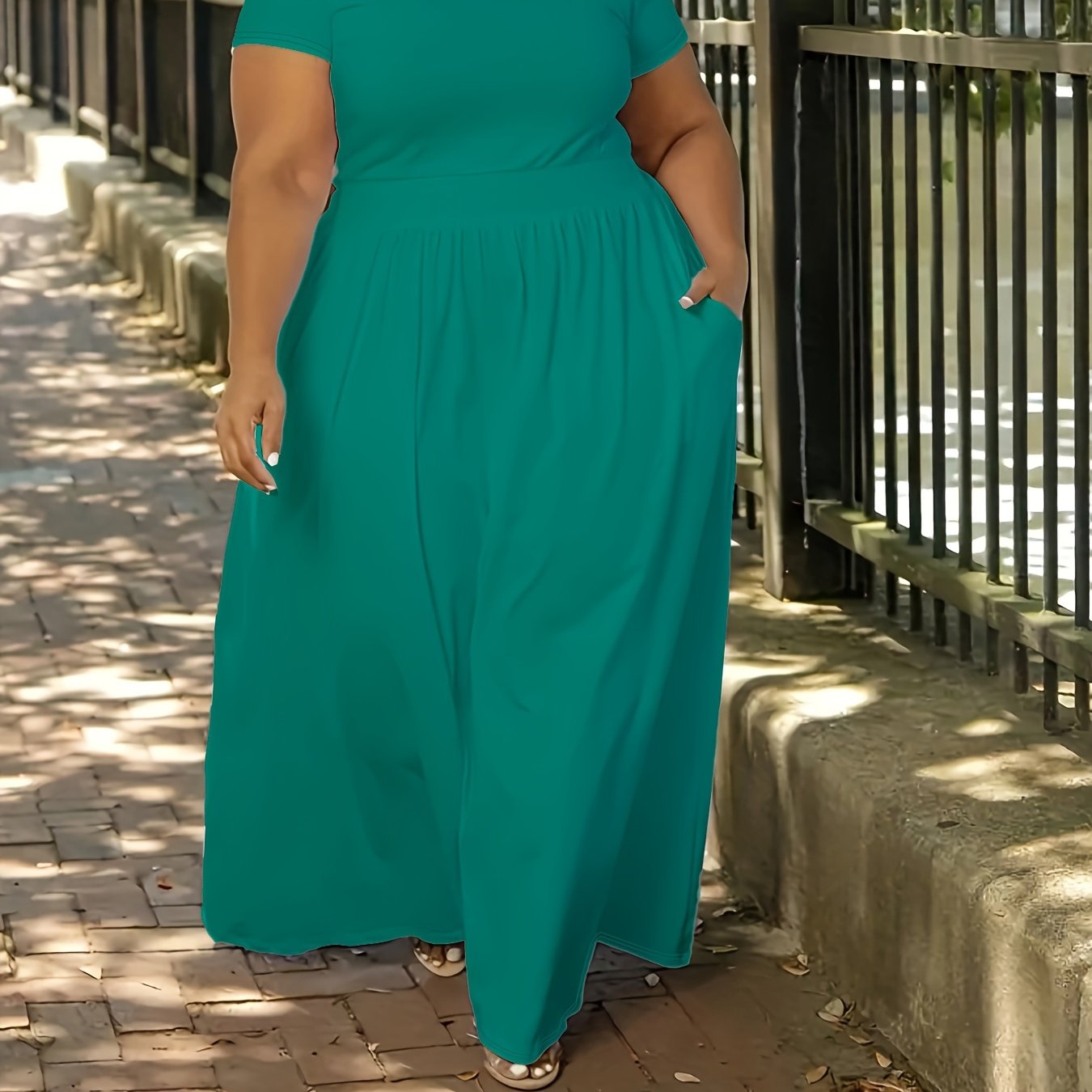 Plus Size Solid Short Sleeve Maxi Dress, Women's Plus Medium Stretch Elegant Long Dress NovaCart
