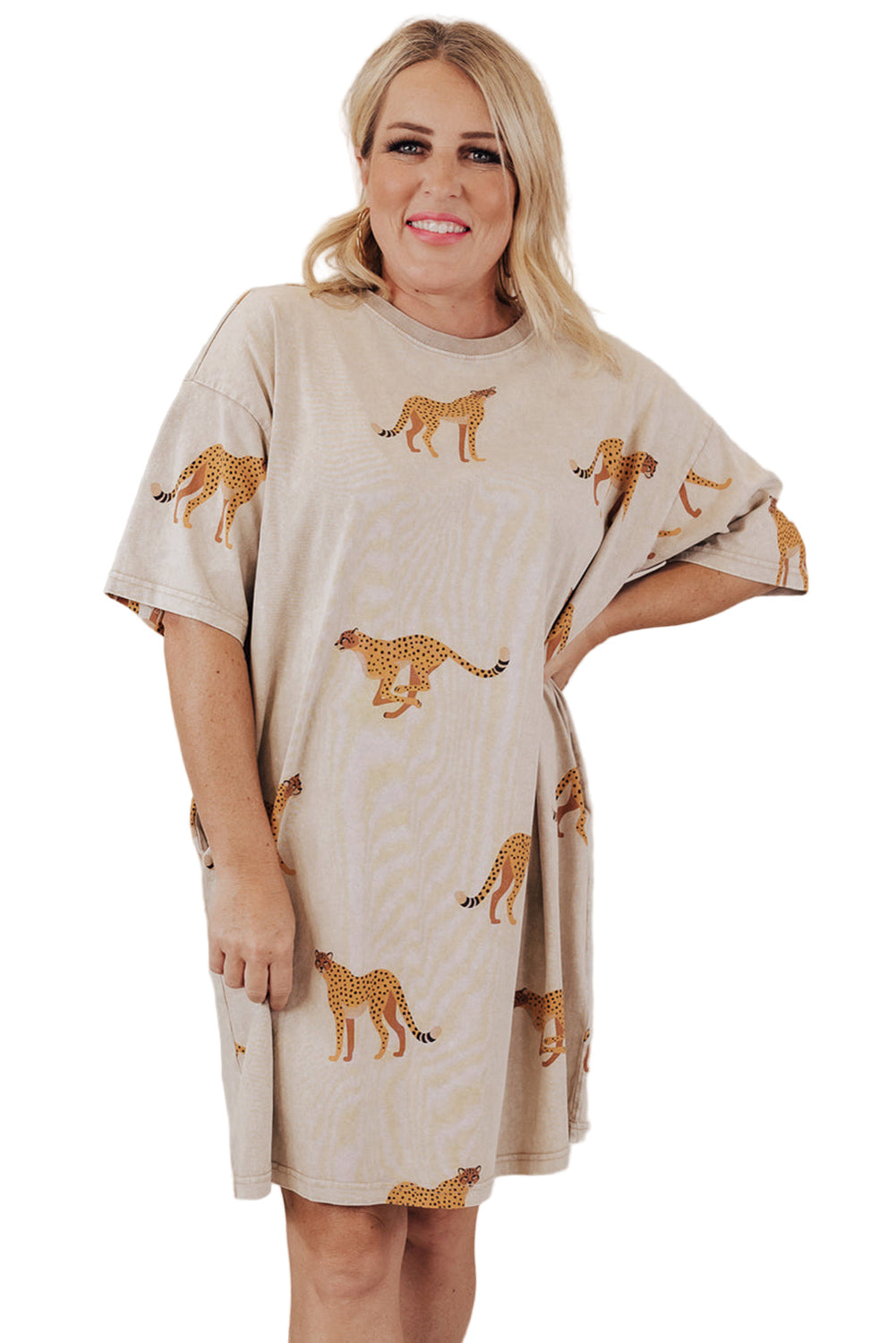 Apricot Plus Size Cheetah Print Side Pockets T Shirt Mini Dress Garden Naked Curves
