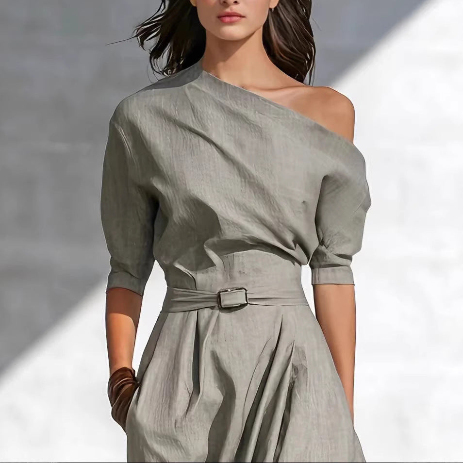 Women’s One-Shoulder Long Dress – Slanted Shoulder Waist-Defined Style FitiqueFit