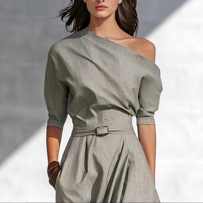 Women’s One-Shoulder Long Dress – Slanted Shoulder Waist-Defined Style FitiqueFit