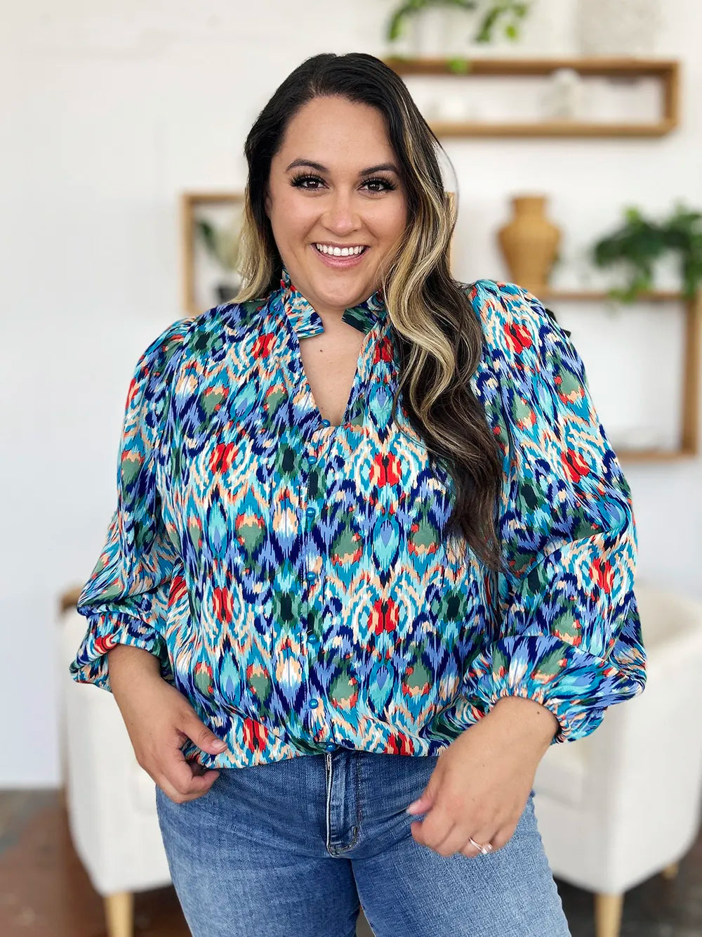 Double Take Full Size Printed Balloon Sleeve Blouse New Era Fashion LLc