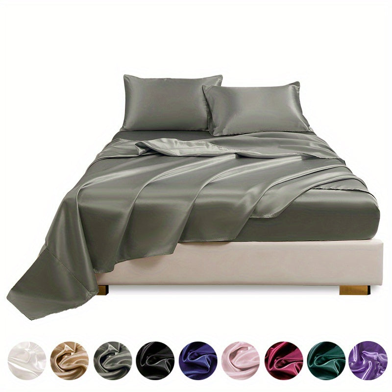 4pcs Satin Bed Sheet Four-Piece Set Includes One Fitted Sheet, One Flat Sheet, And Two Pillowcases. Pillowcases Do Not Include Inserts. Solid Colors Showcase Simple Elegance. The Simple Style Is Classic And Timeless. Polyeste NovaCart