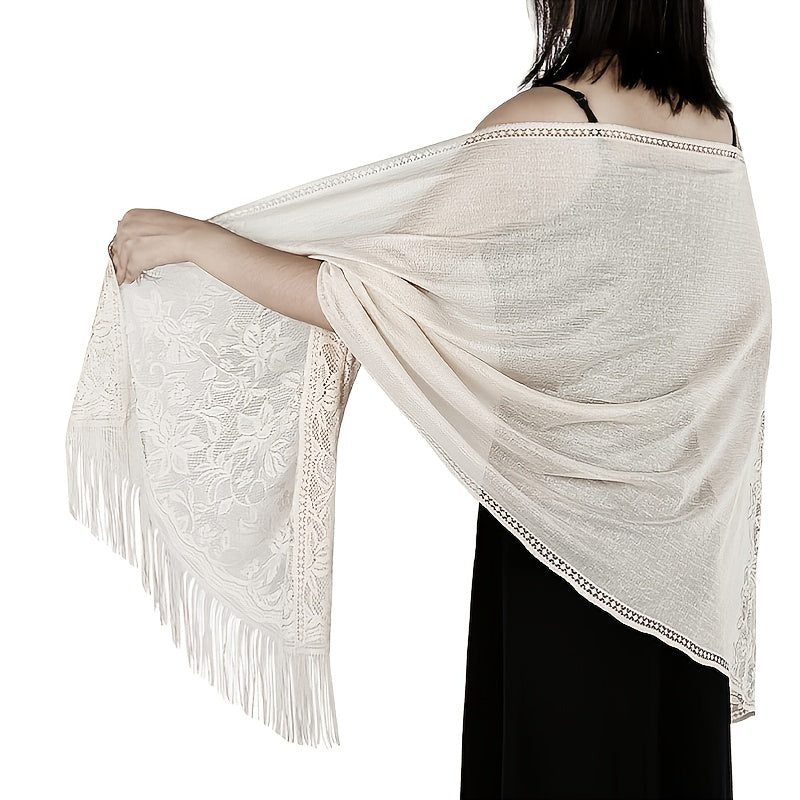 Women's Casual Shawl Wrap - Solid Color, Lightweight Polyester Knit - Going Out Essentials | Fringe Trim | Floral Lace Details NovaCart